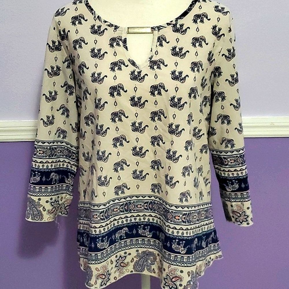 Vintage Y2K Lodys Cream Elephant Boho Hippie 3/4 Sleeves Retro Boxy Top L
